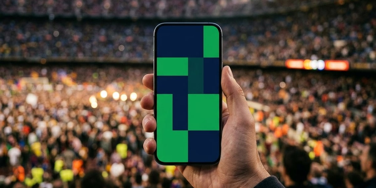 Hand holding a smartphone with a blank sports screen in front of a blurred stadium crowd