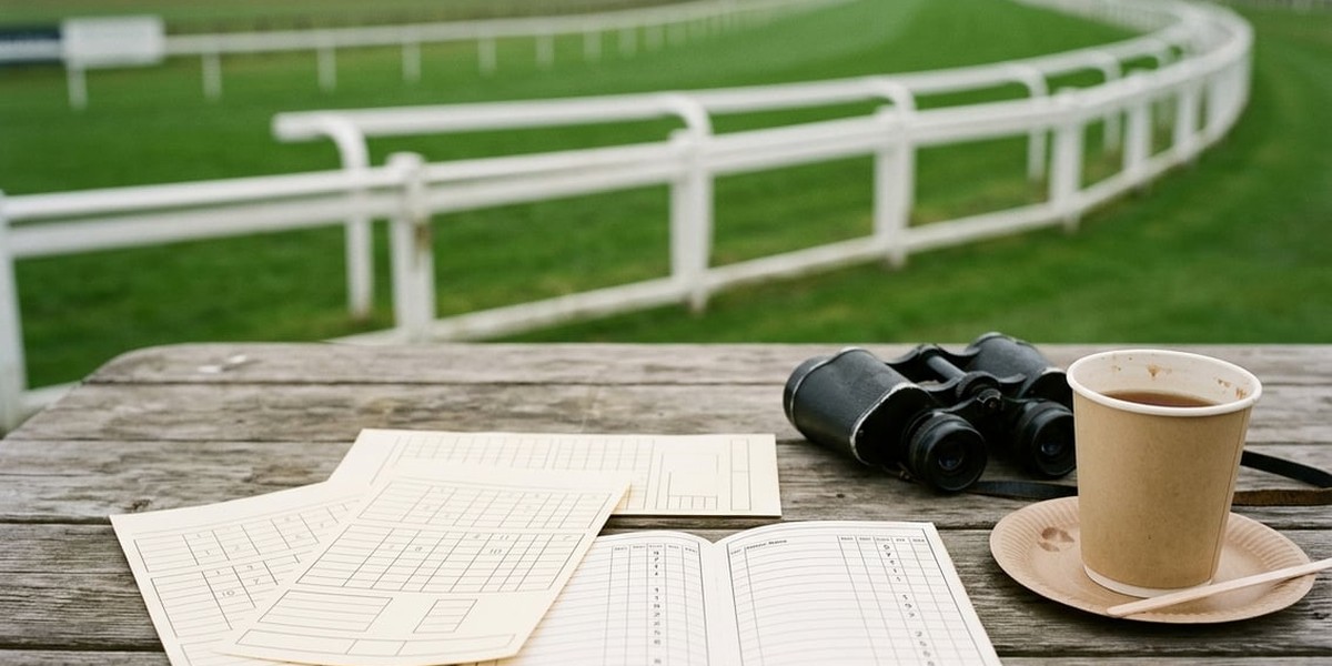 Race card and blank betting slips spread on a wooden table beside binoculars at a racecourse
